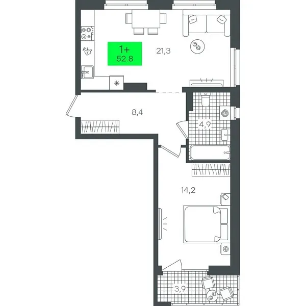Новая 1-к квартира
 52.85 м² на 4/22 этаже в ЖК «Гранд Квартал» в городе Тюмень 