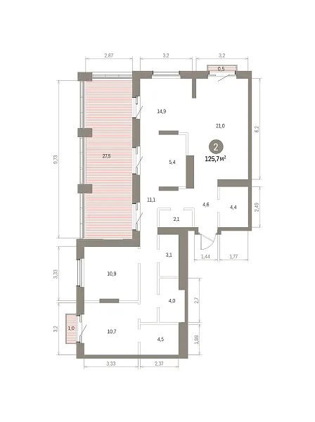 Количество комнат: 2,  125.7 кв.м.