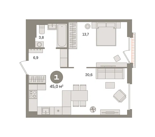 Новая 1-к квартира
 45.01 м² на 10/16 этаже в ЖК «Квартал Герцена» в городе Тюмень 