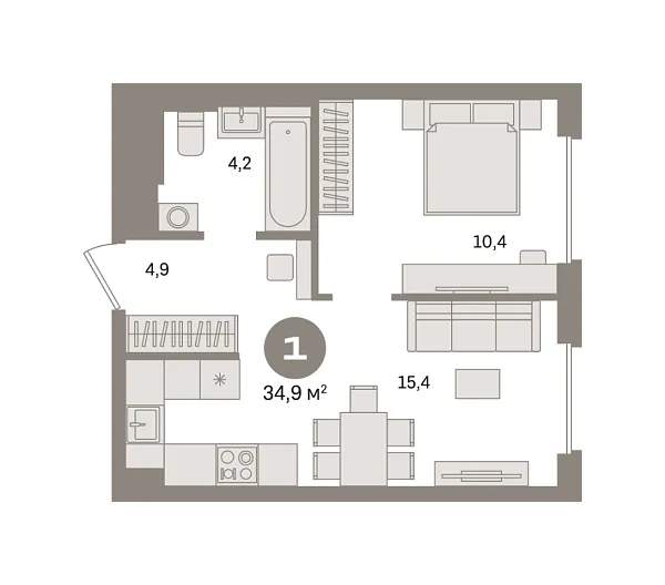 Новая 1-к квартира
 34.88 м² на 28/30 этаже в ЖК «Квартал Герцена» в городе Тюмень 