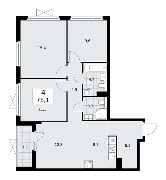 Новая 4-к квартира
 77.8 м² на 16/19 этаже в ЖК «Бунинские кварталы» в городе Тюмень 