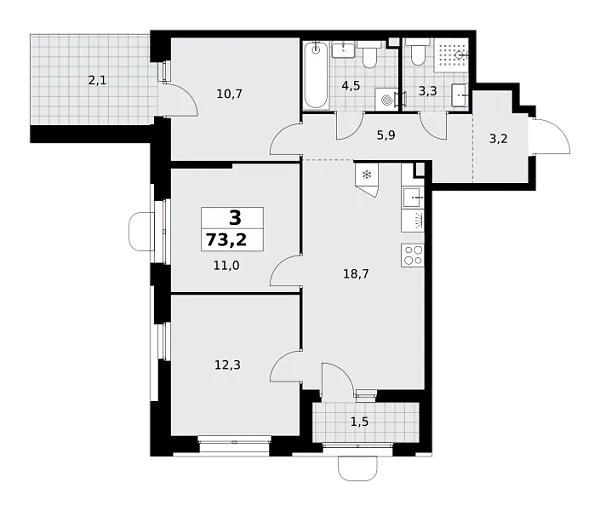 Новая 3-к квартира
 73.2 м² на 3/16 этаже в ЖК «Прокшино» в городе Тюмень 