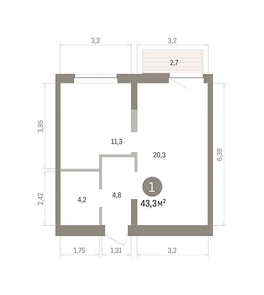 Количество комнат: 1,  43.3 кв.м.