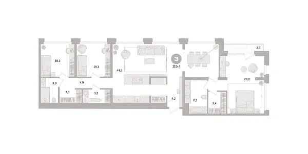 Новая 3-к квартира
 119.4 м² на 9/21 этаже в ЖК «Дом «А»» в городе Тюмень 