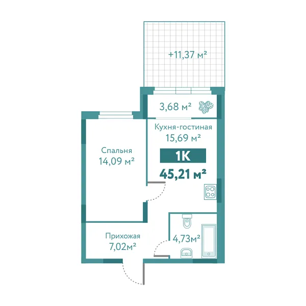 Новая 1-к квартира
 45.21 м² на 1/10 этаже в ЖК «Акватория» в городе Тюмень 