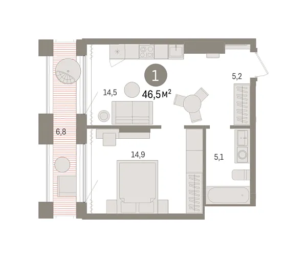 Новая 1-к квартира
 46.54 м² на 17/17 этаже в ЖК «Октябрьский на Туре» в городе Тюмень 