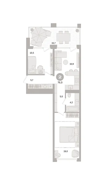 Новая 2-к квартира
 76 м² на 19/21 этаже в ЖК «Дом «А»» в городе Тюмень 