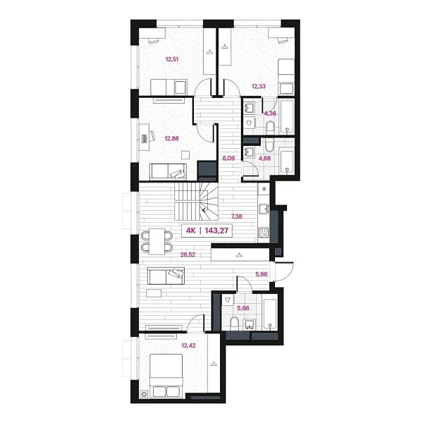 Новая 4-к квартира
 144.82 м² на 15/16 этаже в ЖК «Пушкина» в городе Тюмень 