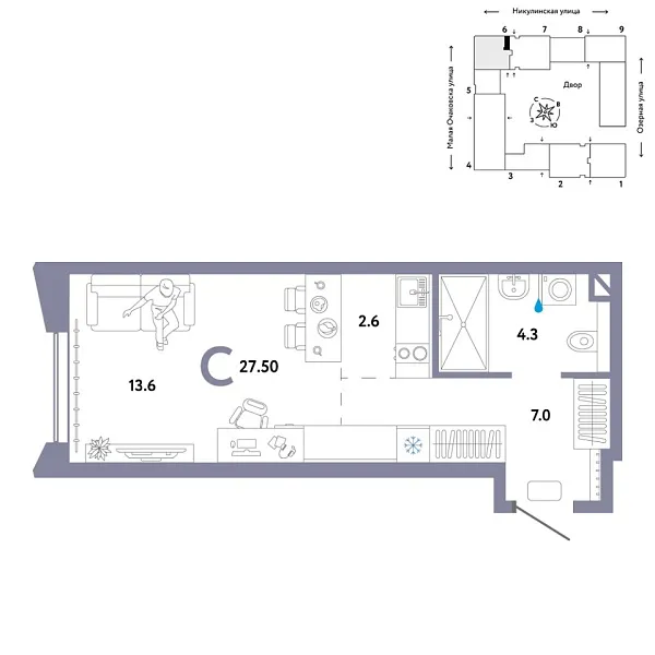 Новая квартира-студия
 27.5 м² на 15/30 этаже в ЖК «Страна.Озёрная» в городе Тюмень 
