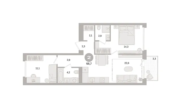 Новая 2-к квартира
 66.7 м² на 3/7 этаже в ЖК «Дом «А»» в городе Тюмень 