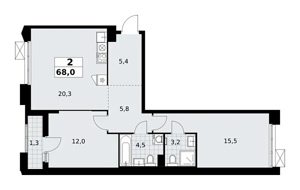 Новая 2-к квартира
 68 м² на 10/16 этаже в ЖК «Деснаречье» в городе Тюмень 