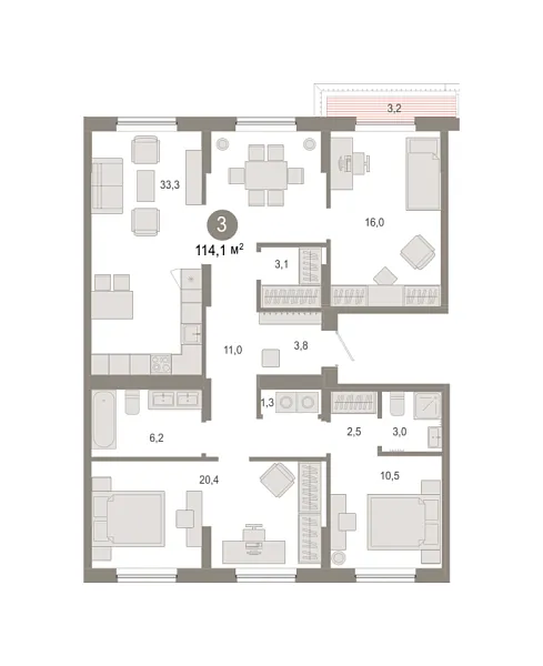 Новая 3-к квартира
 114.07 м² на 9/9 этаже в ЖК «Октябрьский на Туре» в городе Тюмень 