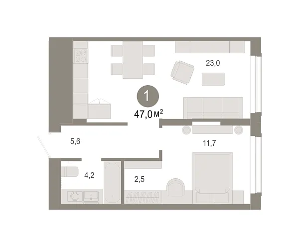 Новая 1-к квартира
 46.99 м² на 2/17 этаже в ЖК «Октябрьский на Туре» в городе Тюмень 