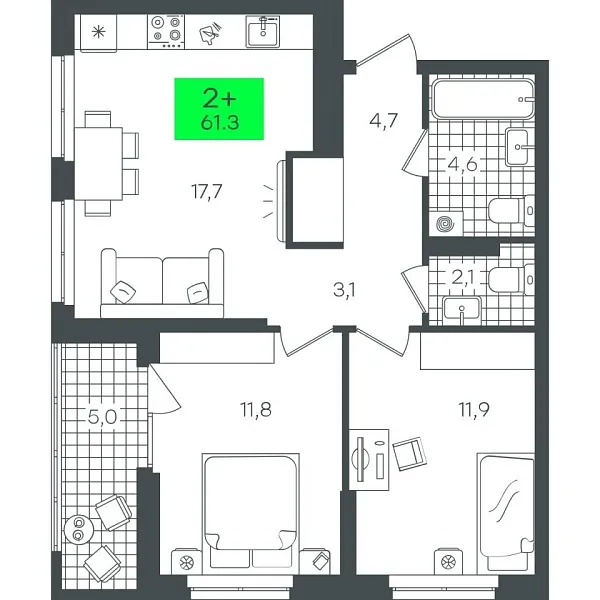 Новая 2-к квартира
 61.32 м² на 15/22 этаже в ЖК «Гранд Квартал» в городе Тюмень 