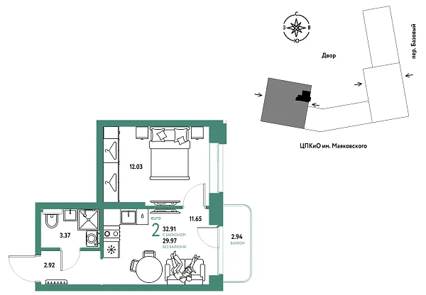 Новая 2-к квартира
 32.91 м² на 12/25 этаже в ЖК «Сибирский сад» в городе Тюмень 