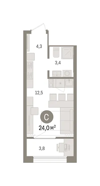 Новая квартира-студия
 23.97 м² на 16/17 этаже в ЖК «Октябрьский на Туре» в городе Тюмень 