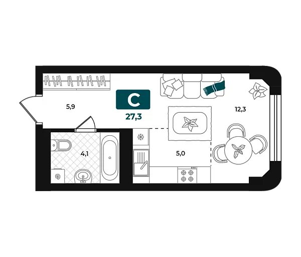 Новая квартира-студия
 27.3 м² на 3/23 этаже в ЖК «Добро» в городе Тюмень 
