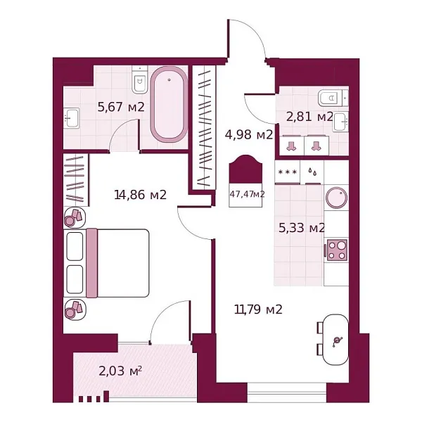 Новая 1-к квартира
 47.47 м² на 4/6 этаже в ЖК «Secret Place» в городе Тюмень 
