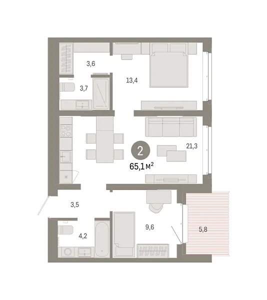 Новая 2-к квартира
 65.09 м² на 3/7 этаже в ЖК «Кварталы «На Минской»» в городе Тюмень 