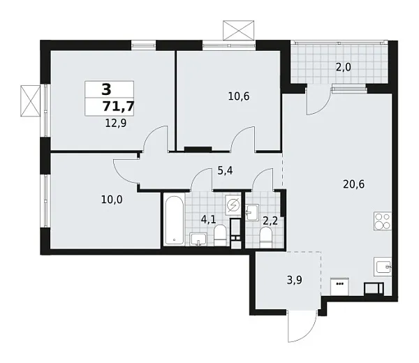 Новая 3-к квартира
 71.7 м² на 10/12 этаже в ЖК «А101 Всеволожск» в городе Тюмень 