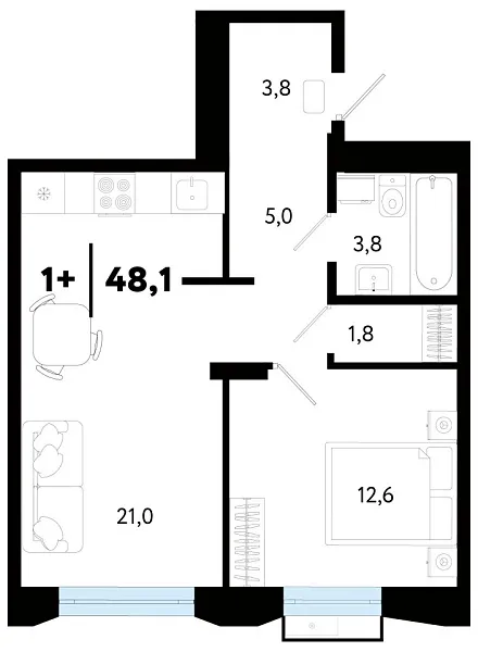 Новая 1-к квартира
 48.19 м² на 2/5 этаже в ЖК «Кедровый берег» в городе Тюмень 