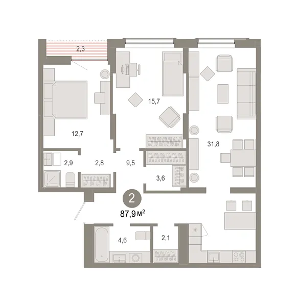 Новая 2-к квартира
 87.86 м² на 10/17 этаже в ЖК «Октябрьский на Туре» в городе Тюмень 