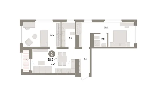 Новая 2-к квартира
 68.47 м² на 6/7 этаже в ЖК «Зарека» в городе Тюмень 