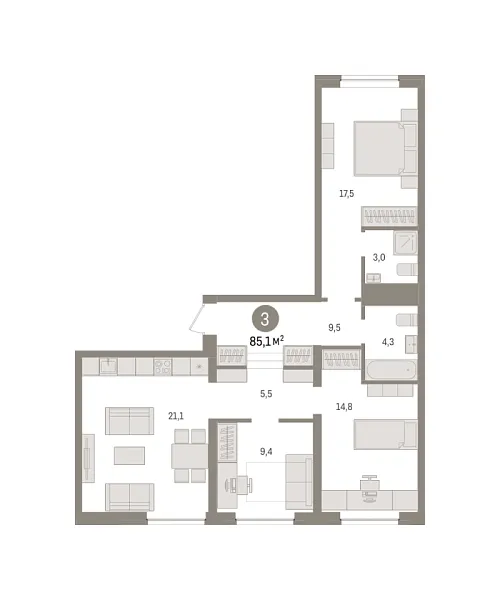 Новая 3-к квартира
 85.1 м² на 3/10 этаже в ЖК «Речной порт» в городе Тюмень 