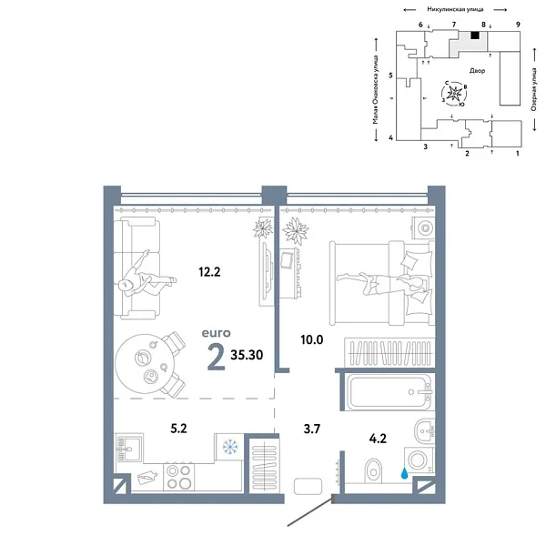 Новая 2-к квартира
 35.3 м² на 9/30 этаже в ЖК «Страна.Озёрная» в городе Тюмень 