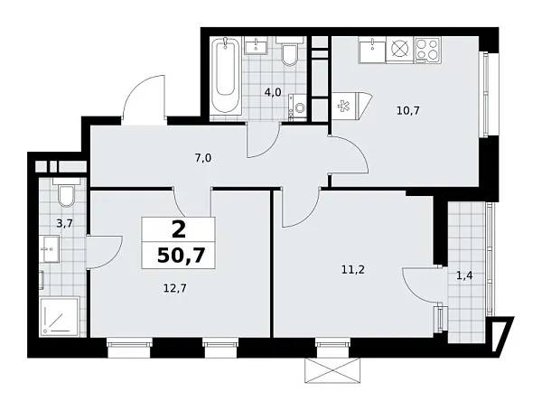 Новая 2-к квартира
 50.7 м² на 12/16 этаже в ЖК «Прокшино» в городе Тюмень 