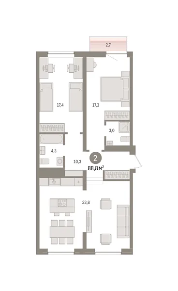 Новая 2-к квартира
 88.8 м² на 3/9 этаже в ЖК «Речной порт» в городе Тюмень 