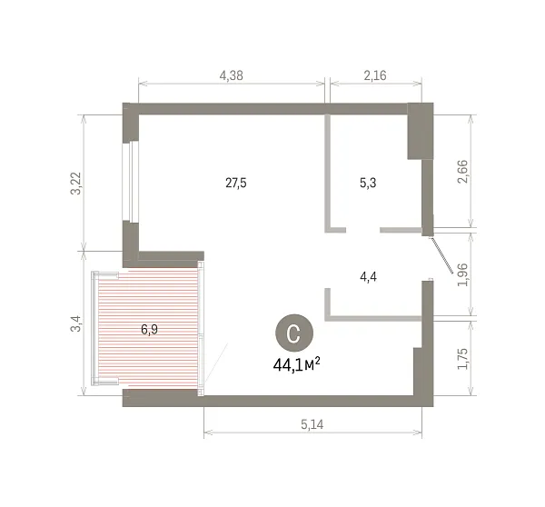 Количество комнат: Студия,  44.12 кв.м.