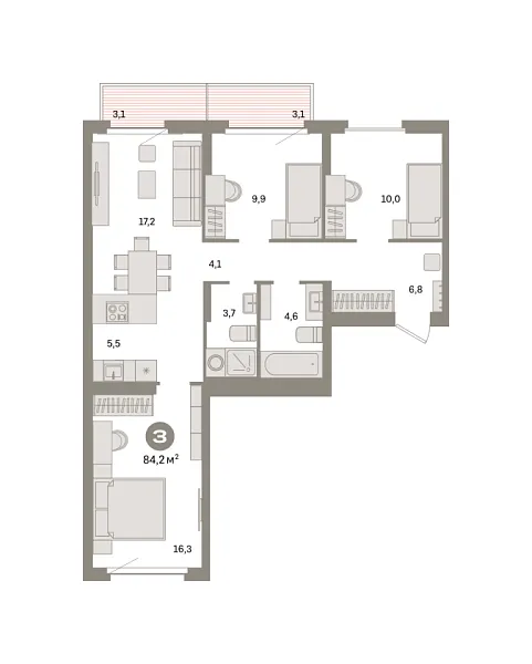 Новая 3-к квартира
 84.16 м² на 9/9 этаже в ЖК «Квартал «Депо»» в городе Тюмень 