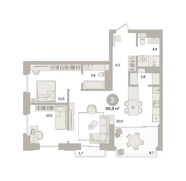 Новая 2-к квартира
 80.84 м² на 13/27 этаже в ЖК «Квартал «МОНС»» в городе Тюмень 