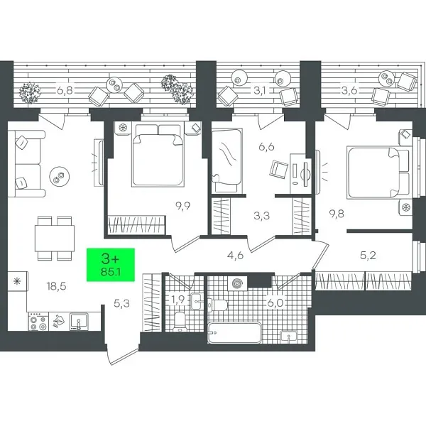 Новая 3-к квартира
 85.15 м² на 7/22 этаже в ЖК «Гранд Квартал» в городе Тюмень 