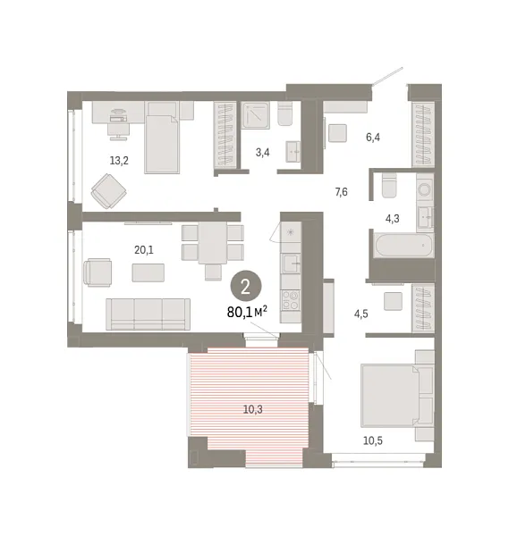 Новая 2-к квартира
 80.12 м² на 13/18 этаже в ЖК «Республики 205» в городе Тюмень 