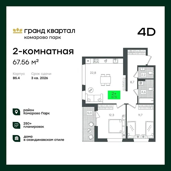 Новая 2-к квартира
 67.56 м² на 8/22 этаже в ЖК «Гранд Квартал» в городе Тюмень 