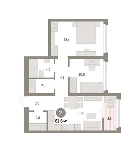 Новая 2-к квартира
 61.58 м² на 6/8 этаже в ЖК «Зарека» в городе Тюмень 