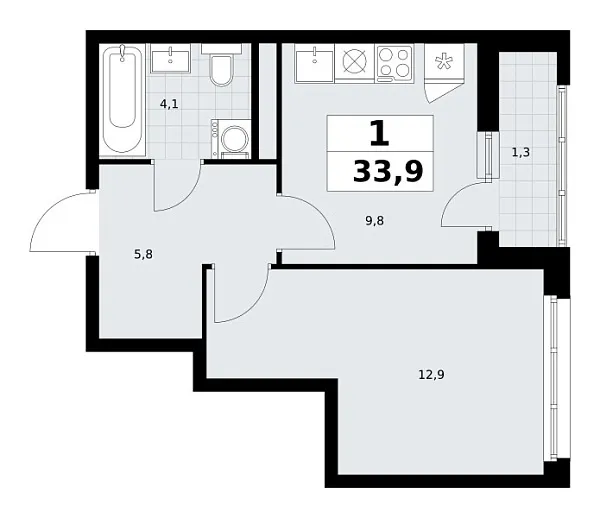 Новая 1-к квартира
 33.9 м² на 4/9 этаже в ЖК «Родные кварталы» в городе Тюмень 