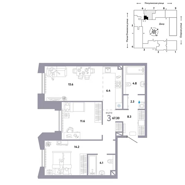 Новая 3-к квартира
 67.3 м² на 5/30 этаже в ЖК «Страна.Озёрная» в городе Тюмень 