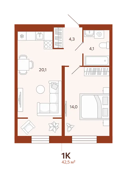 Новая 1-к квартира
 42.49 м² на 2/14 этаже в ЖК «ЖК Новатор» в городе Тюмень 