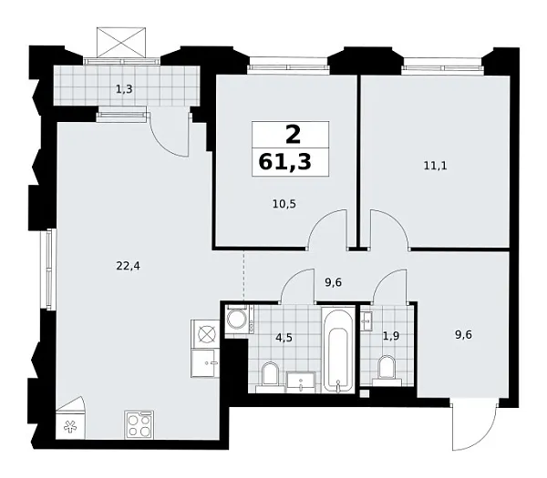 Новая 2-к квартира
 61.3 м² на 17/17 этаже в ЖК «Деснаречье» в городе Тюмень 