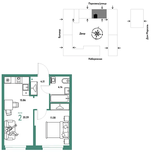 Новая 2-к квартира
 35.59 м² на 11/24 этаже в ЖК «Европейский берег 2.0» в городе Тюмень 