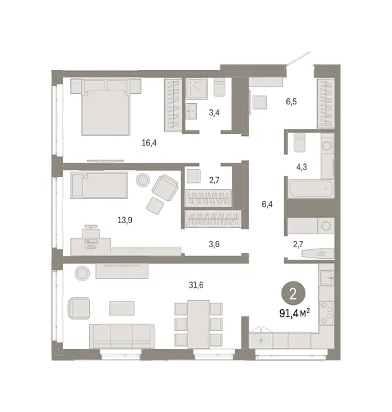 Новая 2-к квартира
 91.36 м² на 11/18 этаже в ЖК «Республики 205» в городе Тюмень 