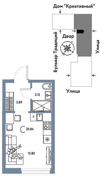 Новая квартира-студия
 20.84 м² на 10/15 этаже в ЖК «Домашний» в городе Тюмень 