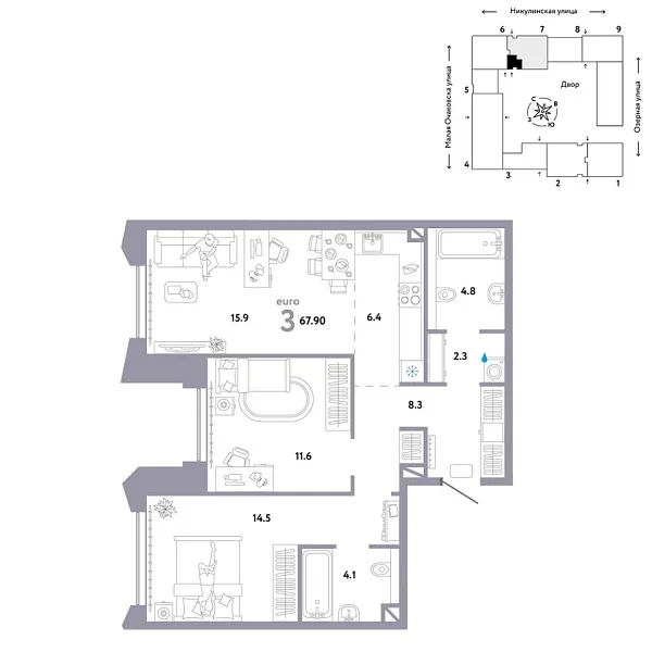 Новая 3-к квартира
 67.9 м² на 28/30 этаже в ЖК «Страна.Озёрная» в городе Тюмень 