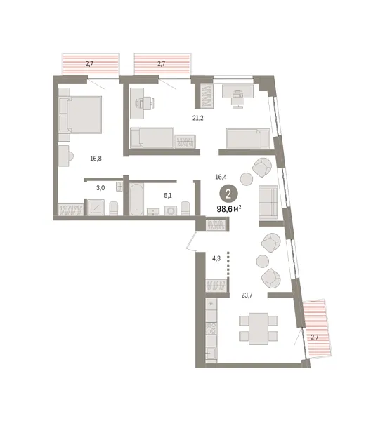Новая 2-к квартира
 98.6 м² на 2/8 этаже в ЖК «Речной порт» в городе Тюмень 