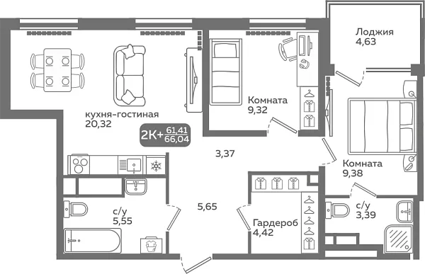 Новая 2-к квартира
 61.41 м² на 4/21 этаже в ЖК «Меридиан Слобода» в городе Тюмень 