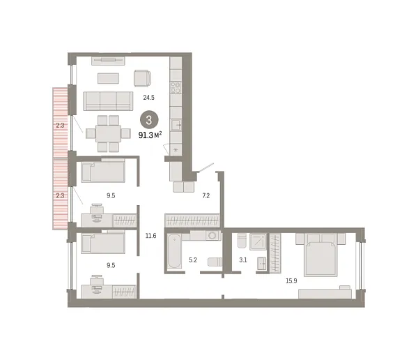 Новая 3-к квартира
 91.25 м² на 6/8 этаже в ЖК «Октябрьский на Туре» в городе Тюмень 