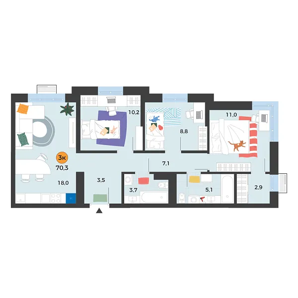 Новая 3-к квартира
 70.3 м² на 7/25 этаже в ЖК «Корней» в городе Тюмень 